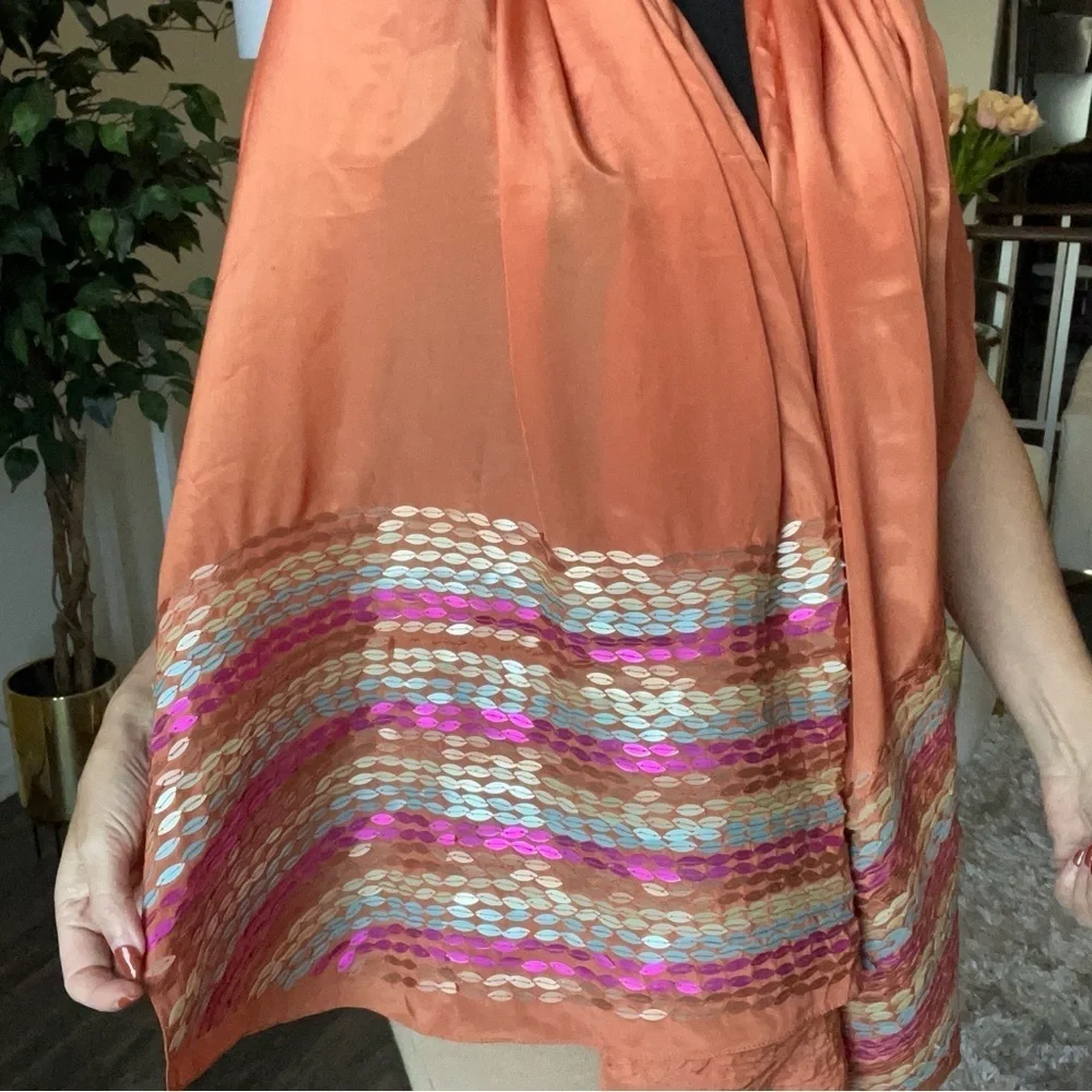 Mariela Burani 100% Orange Silk Multipurpose Scarf Shawl Wrap Holiday Party Vtg